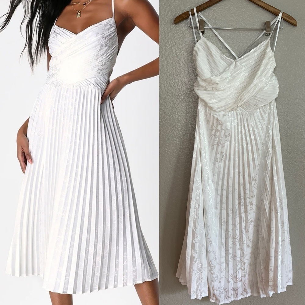 Pleating Up White Satin Jacquard Pleated Midi Dress